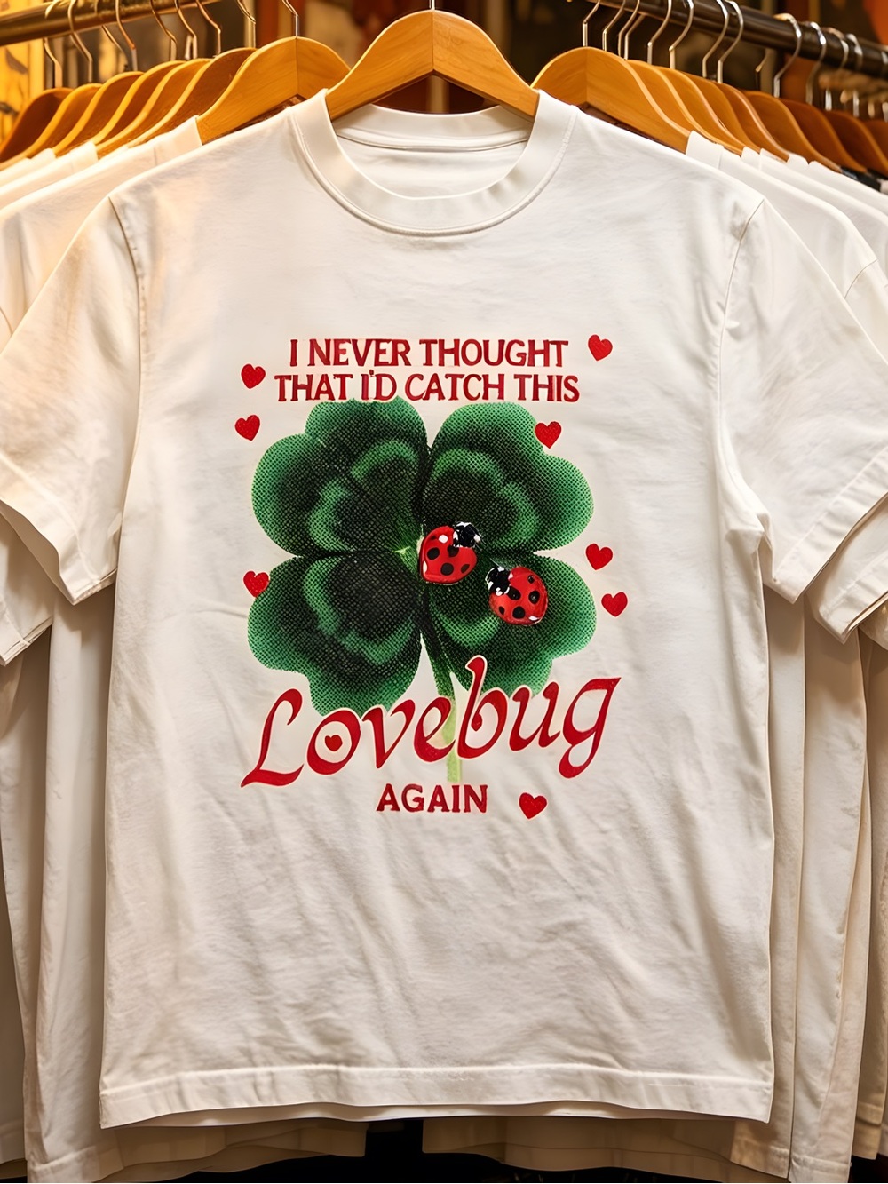 Lovebug Clover Graphic Tee – Cute Ladybug Heart Shirt–Soft Cream T-Shirt Unisex
